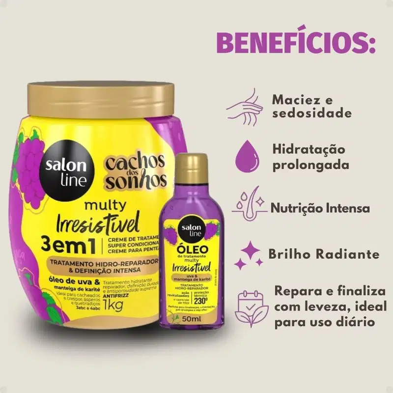Kit Salon Line Multy Irrestível: 1 Creme 3 em 1 e 1 Óleo Uva