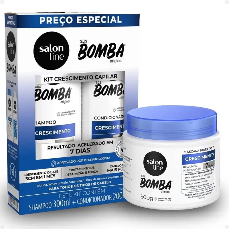Kit Salon Line SOS Bomba Crescimento Capilar: Shampoo 300ml e Condicionador 200ml + Máscara Hidratante 500g