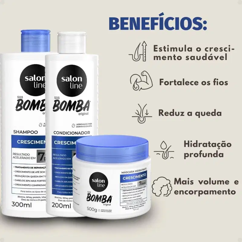 Kit Salon Line SOS Bomba Crescimento Capilar: Shampoo 300ml e Condicionador 200ml + Máscara Hidratante 500g