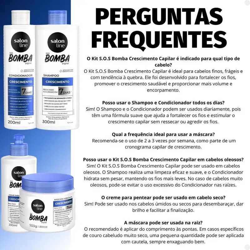 Kit Salon Line SOS Bomba Crescimento Capilar: Shampoo 300ml e Condicionador 200ml + Máscara Hidratante 500g e Creme Para Pentear 300ml