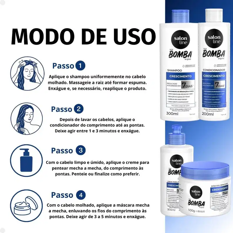 Kit Salon Line SOS Bomba Crescimento Capilar: Shampoo 300ml e Condicionador 200ml + Máscara Hidratante 500g e Creme Para Pentear 300ml