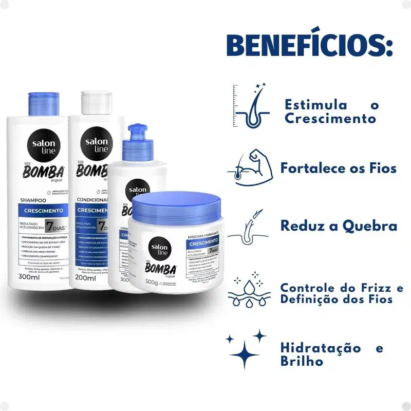 Kit Salon Line SOS Bomba Crescimento Capilar: Shampoo 300ml e Condicionador 200ml + Máscara Hidratante 500g e Creme Para Pentear 300ml