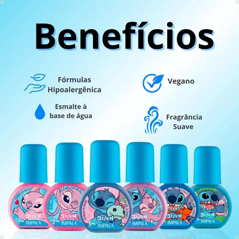 Kit Impala Disney Stitch 6 Esmaltes: Aloha, Brilho Angelical, Ohana Quer Família, Experiência 626, Nunca Abandonar, Amizade de Outro Planeta