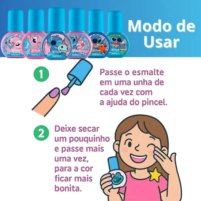 Kit Impala Disney Stitch 6 Esmaltes: Aloha, Brilho Angelical, Ohana Quer Família, Experiência 626, Nunca Abandonar, Amizade de Outro Planeta