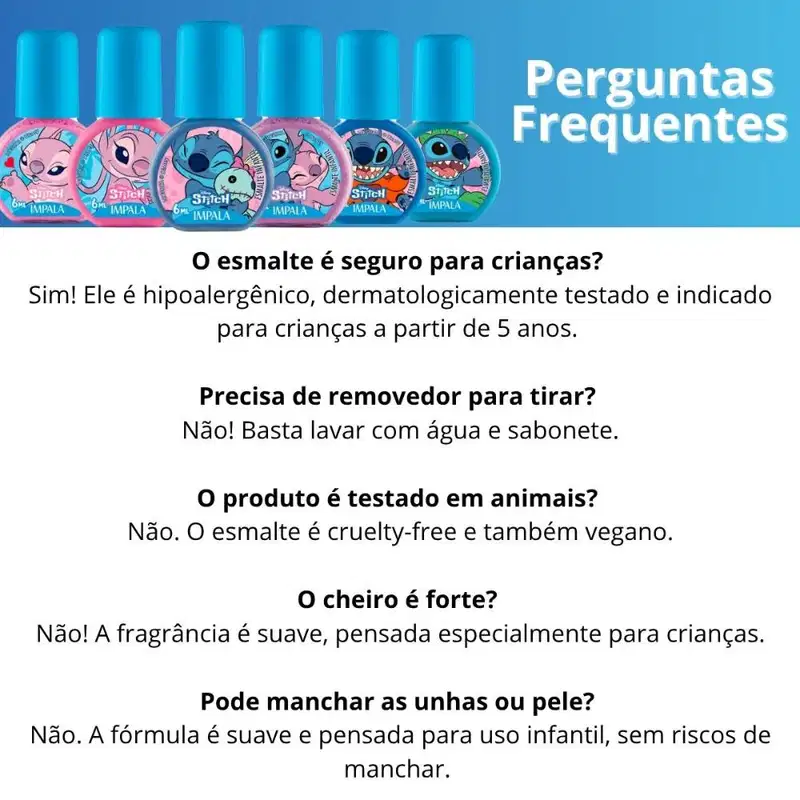 Kit Impala Disney Stitch 6 Esmaltes: Aloha, Brilho Angelical, Ohana Quer Família, Experiência 626, Nunca Abandonar, Amizade de Outro Planeta