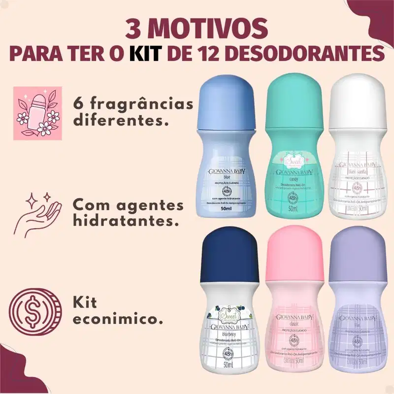 Kit Giovanna Baby 12 Desodorantes Roll-On: Blue, Candy, Blanc Vanilla, Blueberry, Classic e Lilac