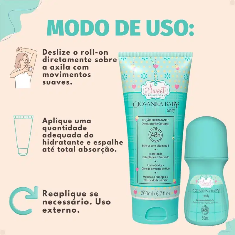 Kit Giovanna Baby Candy: 2 Desodorantes Roll-on e 1 Loção Hidratante