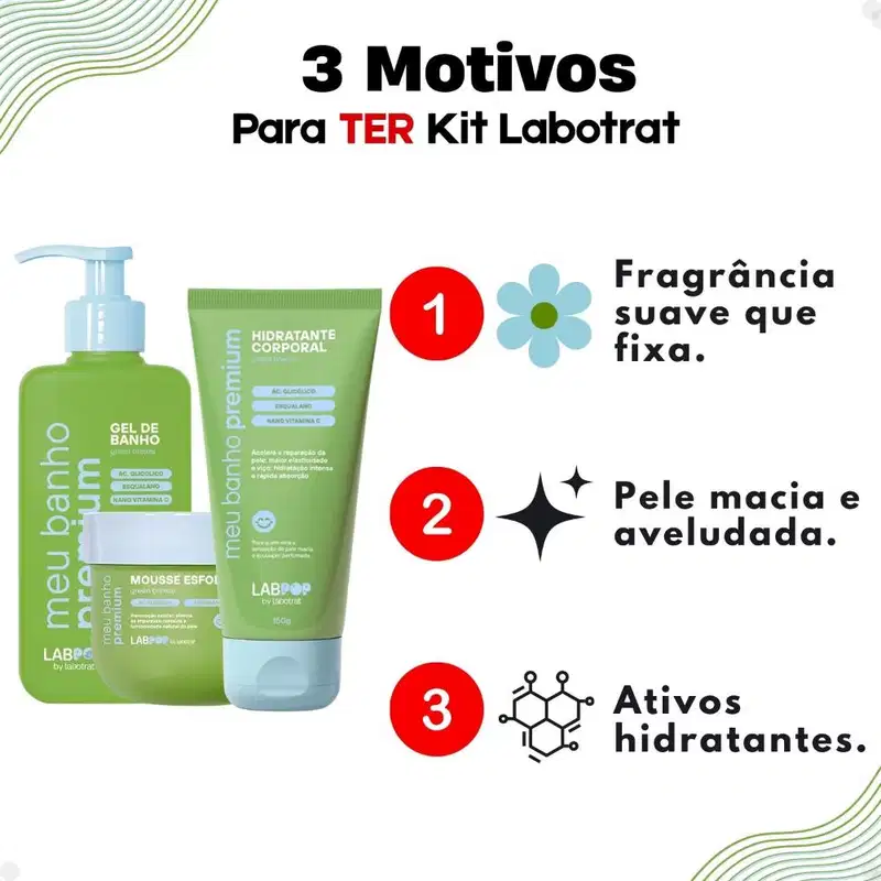 Kit LabPop by Labotrat Green Breeze: Gel de Banho, Mousse Esfoliante e Hidratante Corporal