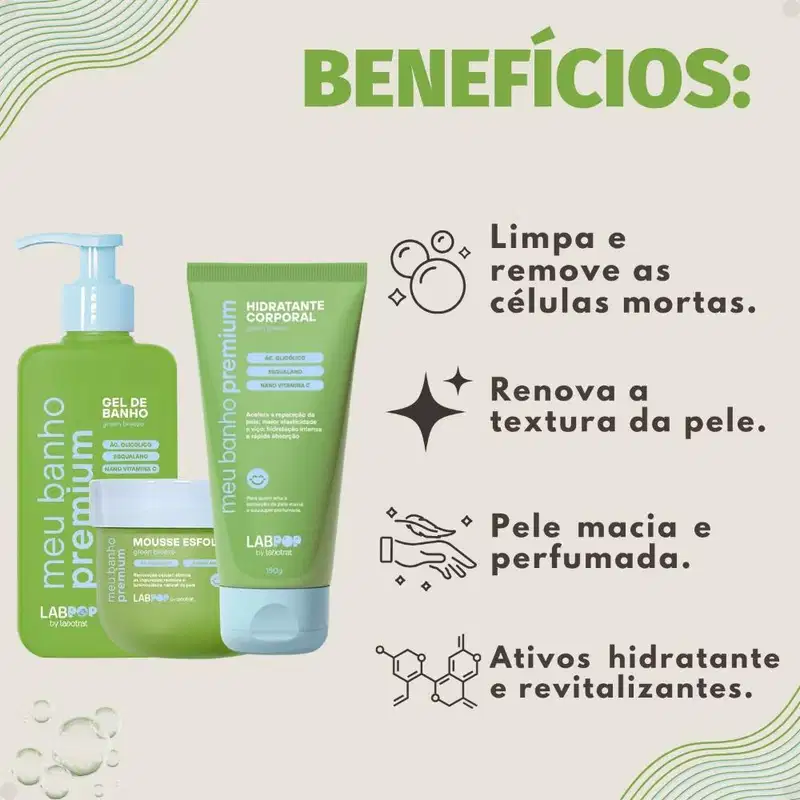 Kit LabPop by Labotrat Green Breeze: Gel de Banho, Mousse Esfoliante e Hidratante Corporal