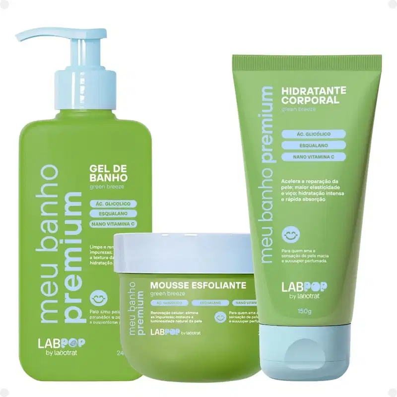 Kit LabPop by Labotrat Green Breeze: Gel de Banho, Mousse Esfoliante e Hidratante Corporal