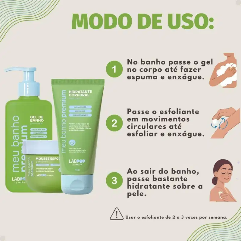 Kit LabPop by Labotrat Green Breeze: Gel de Banho, Mousse Esfoliante e Hidratante Corporal