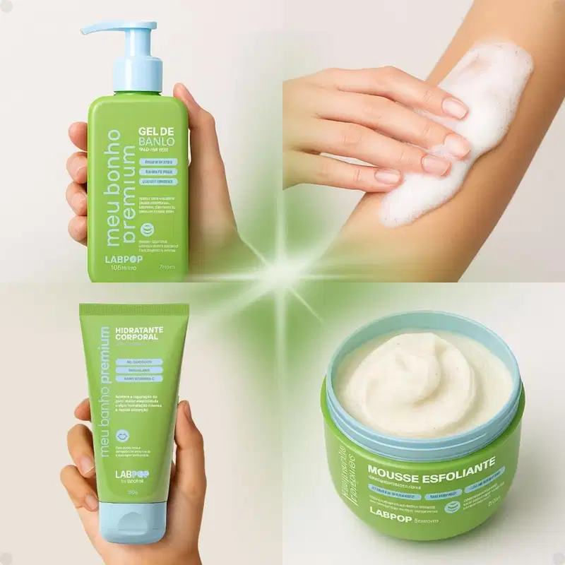 Kit LabPop by Labotrat Green Breeze: Gel de Banho, Mousse Esfoliante e Hidratante Corporal