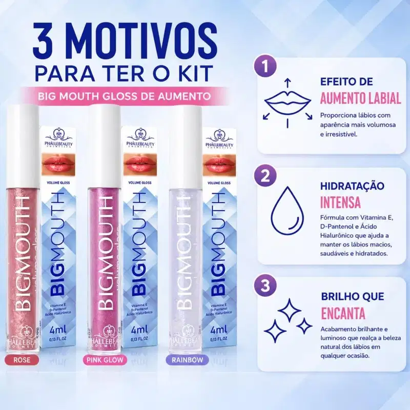 Kit Phállebeauty Big Mouth Gloss De Aumento: 1 Rose, 1 Pink Glow e 1 Rainbow