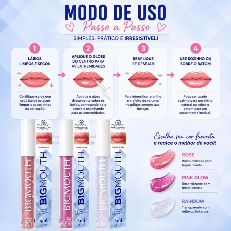 Kit Phállebeauty Big Mouth Gloss De Aumento: 1 Rose, 1 Pink Glow e 1 Rainbow