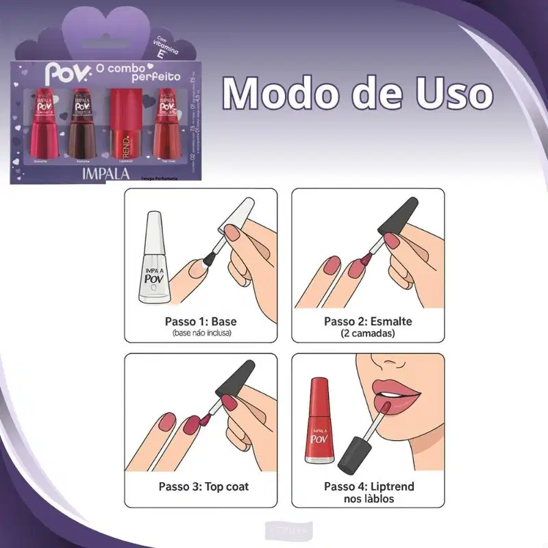 Kit Impala Pov Antonela: 2 Esmaltes, 1 Top Coat e 1 Gloss Labial