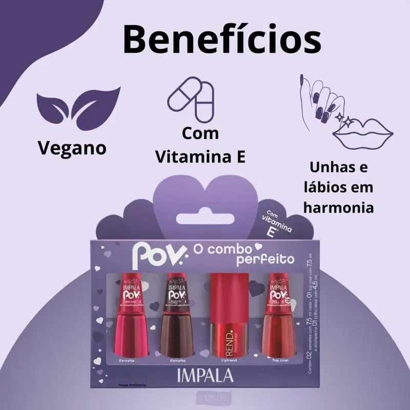Kit Impala Pov Antonela: 2 Esmaltes, 1 Top Coat e 1 Gloss Labial
