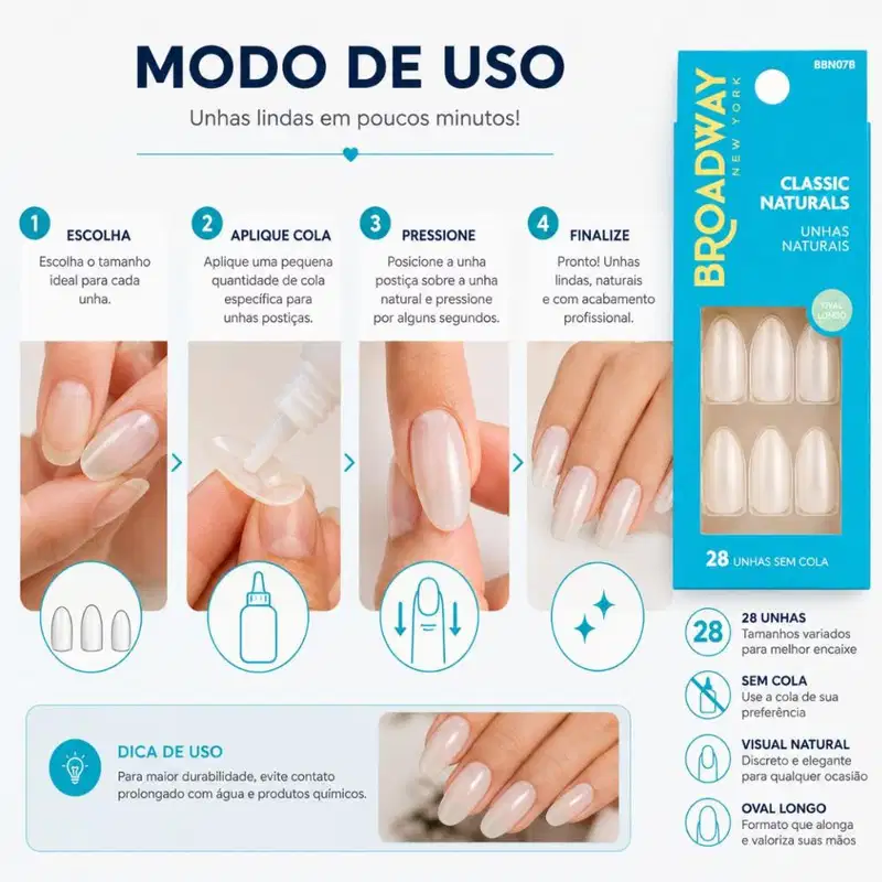 Unhas Postiças Kiss  Broadway Classic Naturals Oval Longo Com 28 Unidades Bbn07b