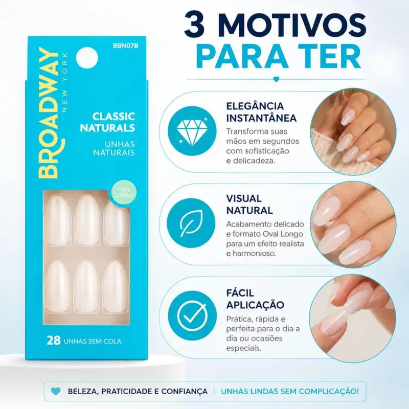 Unhas Postiças Kiss  Broadway Classic Naturals Oval Longo Com 28 Unidades Bbn07b