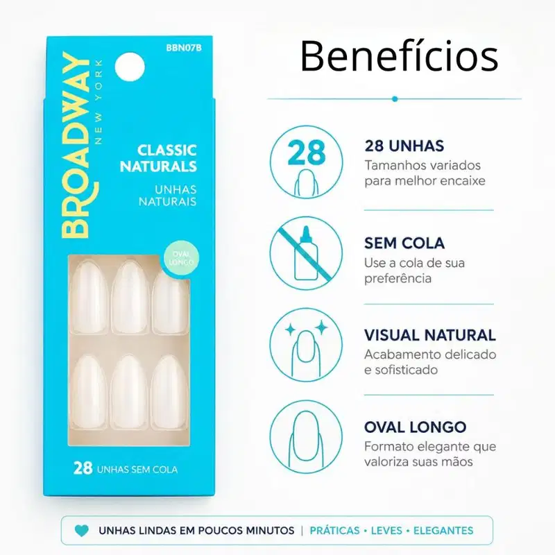 Unhas Postiças Kiss  Broadway Classic Naturals Oval Longo Com 28 Unidades Bbn07b