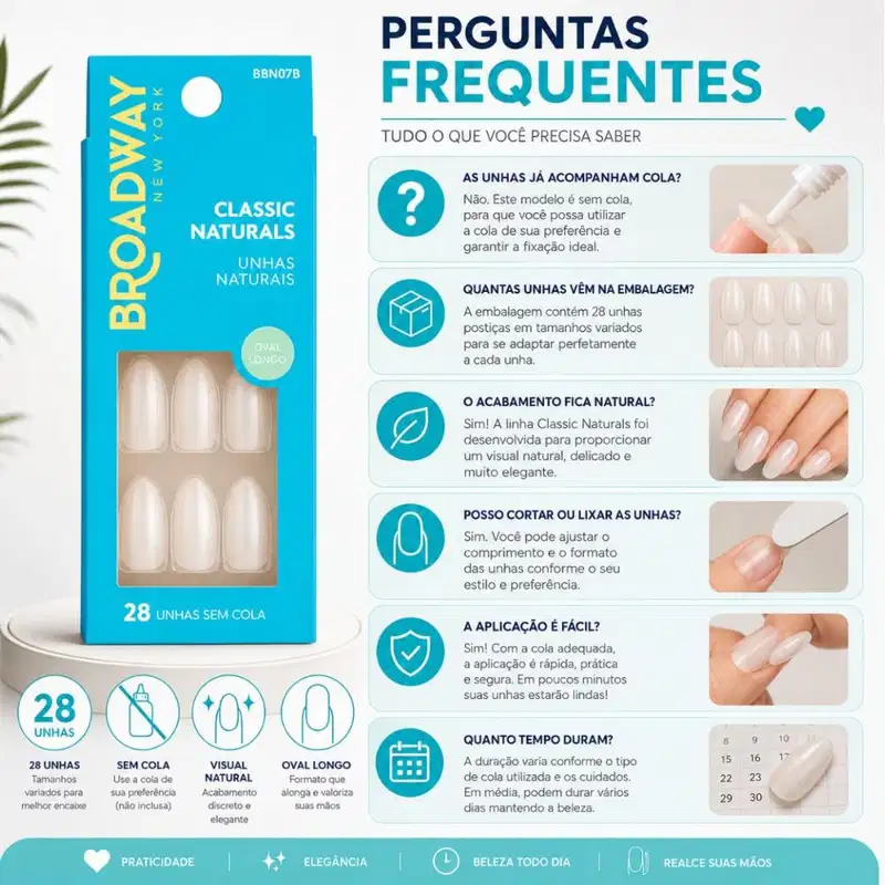 Unhas Postiças Kiss  Broadway Classic Naturals Oval Longo Com 28 Unidades Bbn07b