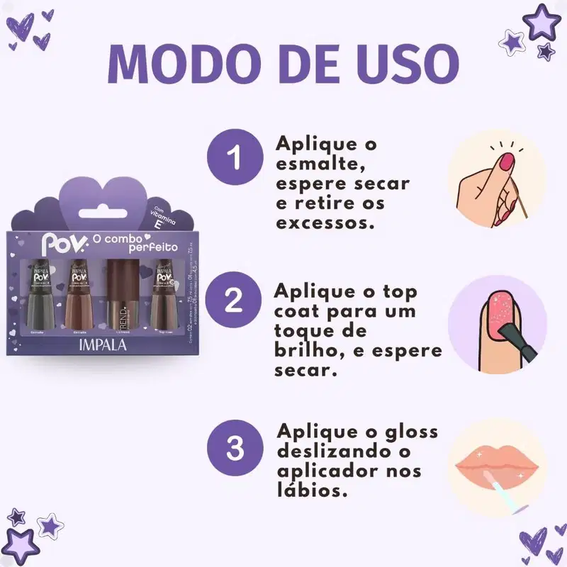 Kit Impala Pov Marcella: 2 Esmaltes, 1 Top Coat e 1 Gloss Labial