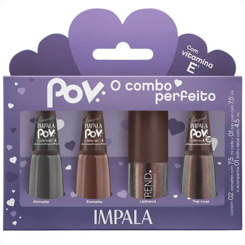 Kit Impala Pov Marcella: 2 Esmaltes, 1 Top Coat e 1 Gloss Labial
