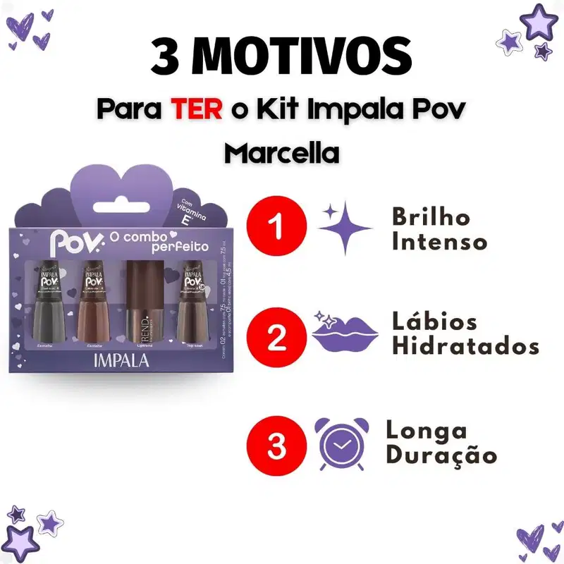 Kit Impala Pov Marcella: 2 Esmaltes, 1 Top Coat e 1 Gloss Labial