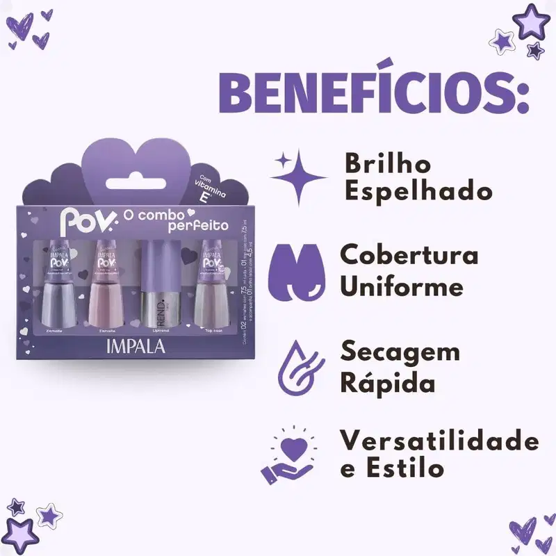 Kit Impala Pov Luara: 2 Esmaltes, 1 Top Coat e 1 Gloss Labial