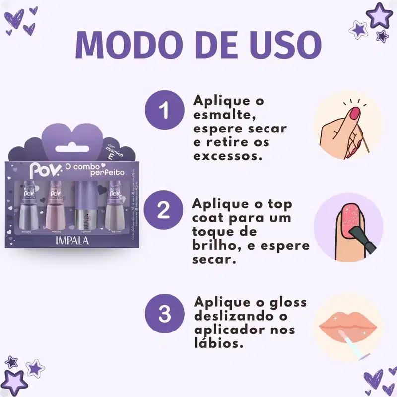 Kit Impala Pov Luara: 2 Esmaltes, 1 Top Coat e 1 Gloss Labial