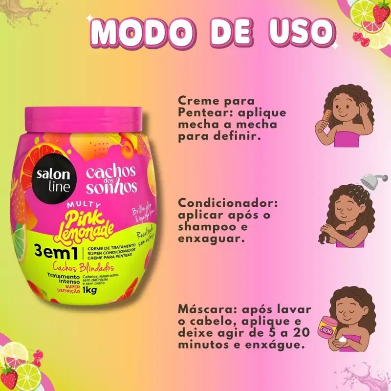Creme Capilar 3 Em 1 Salon Line Multy Pink Lemonade Cachos Dos Sonhos 1kg
