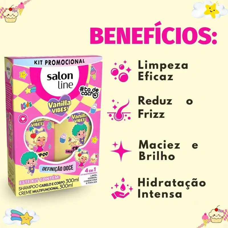 Kit Salon Line Kids Vanilla Vibes! #ToDeCacho: Shampoo Cabelo e Corpo e Creme Multifuncional 300ml