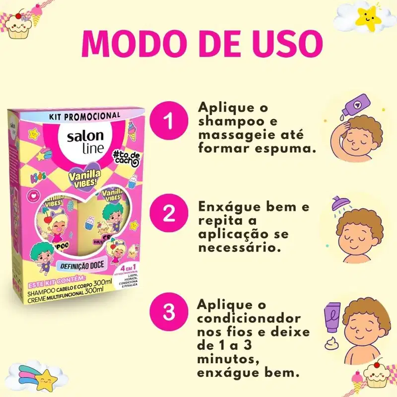 Kit Salon Line Kids Vanilla Vibes! #ToDeCacho: Shampoo Cabelo e Corpo e Creme Multifuncional 300ml