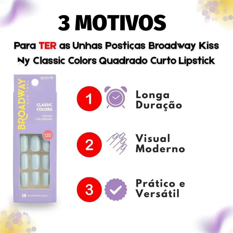 Unhas Postiças Broadway Kiss Ny Classic Colors Quadrado Curto Lipstick Bco04b