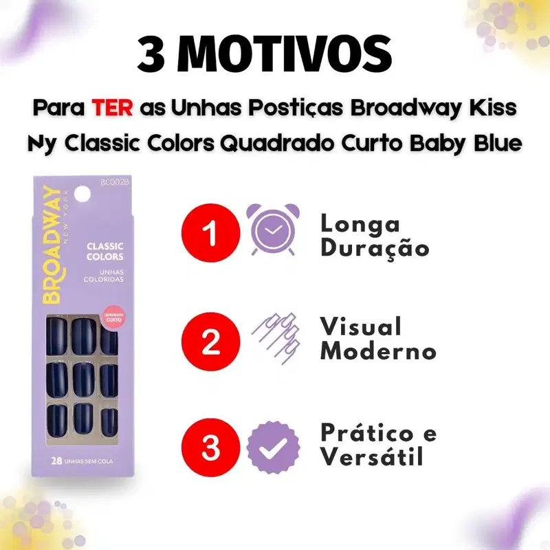 Unhas Postiças Broadway Kiss Ny Classic Colors Quadrado Curto Baby Blue Bco02b
