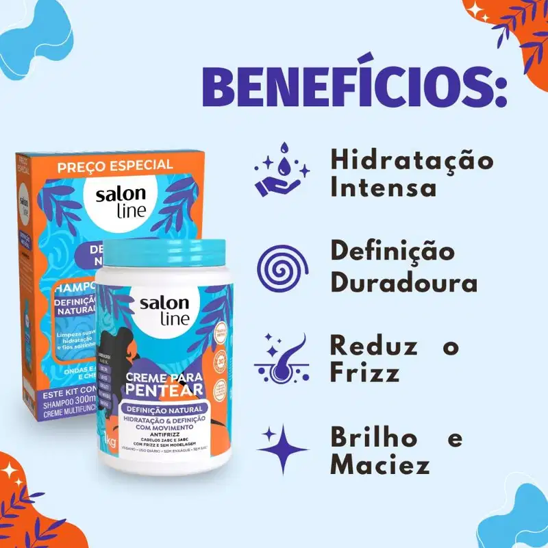 Kit Salon Line Definição Natural: Shampoo, Creme Multifuncional 300ml e Creme Para Pentear 1kg