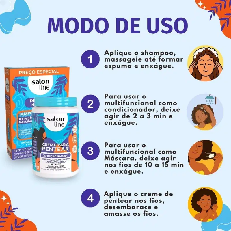 Kit Salon Line Definição Natural: Shampoo, Creme Multifuncional 300ml e Creme Para Pentear 1kg