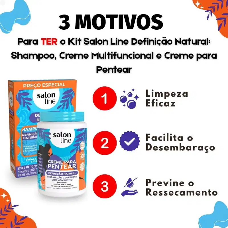 Kit Salon Line Definição Natural: Shampoo, Creme Multifuncional 300ml e Creme Para Pentear 1kg