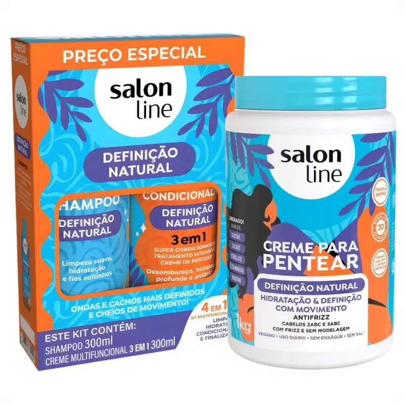 Kit Salon Line Definição Natural: Shampoo, Creme Multifuncional 300ml e Creme Para Pentear 1kg