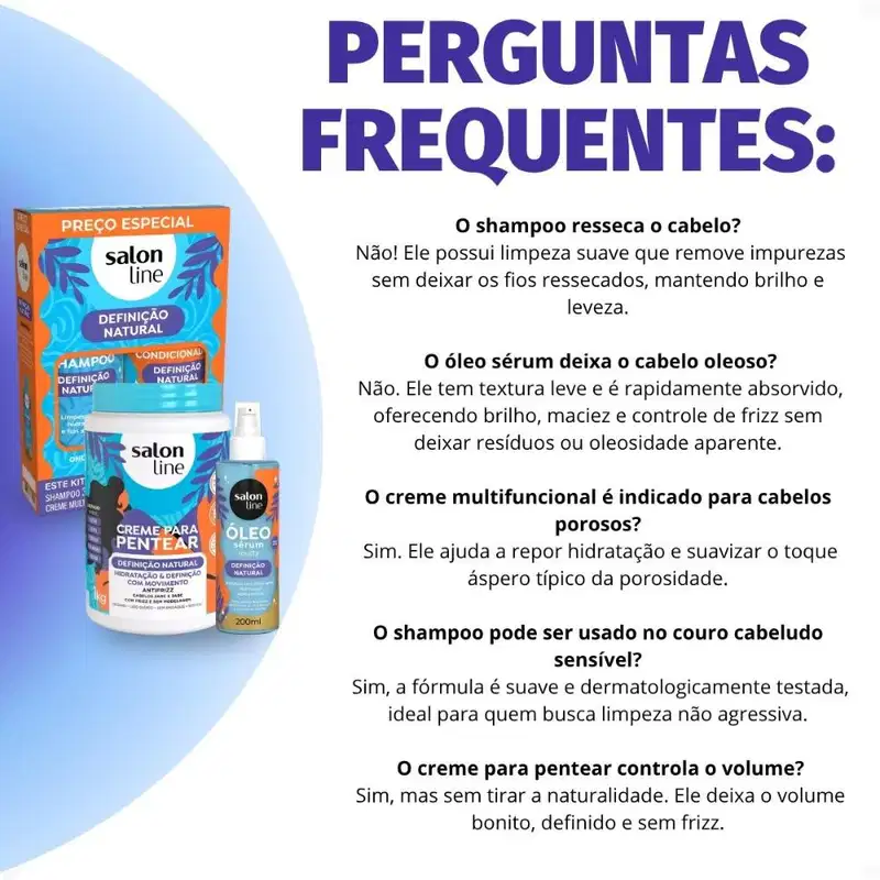 Kit Salon Line Definição Natural: Shampoo, Creme Multifuncional 300ml, Creme Para Pentear 1kg e Óleo Sérum Capilar 200ml