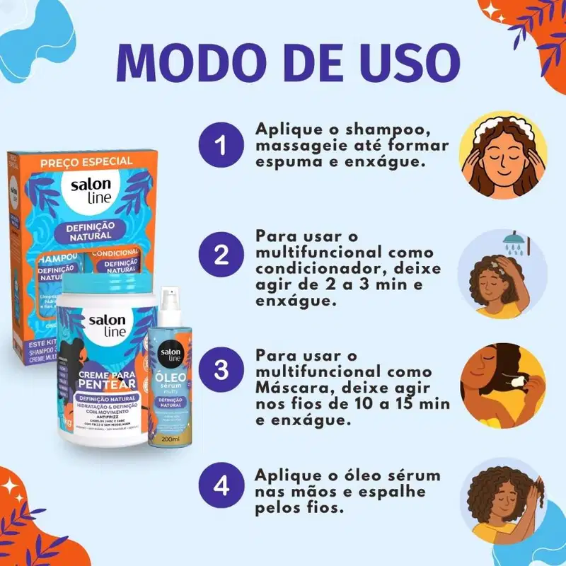 Kit Salon Line Definição Natural: Shampoo, Creme Multifuncional 300ml, Creme Para Pentear 1kg e Óleo Sérum Capilar 200ml