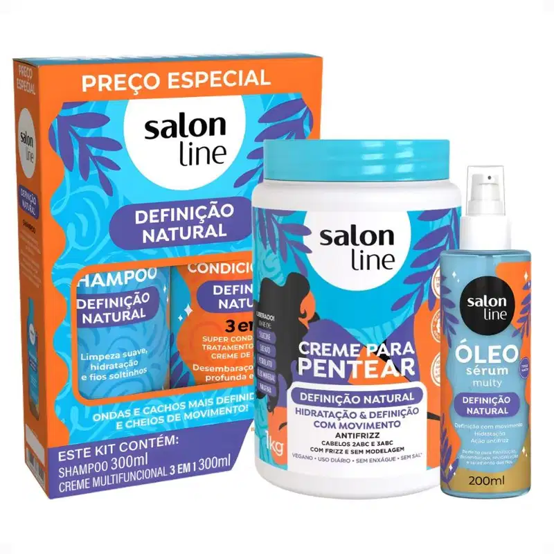 Kit Salon Line Definição Natural: Shampoo, Creme Multifuncional 300ml, Creme Para Pentear 1kg e Óleo Sérum Capilar 200ml