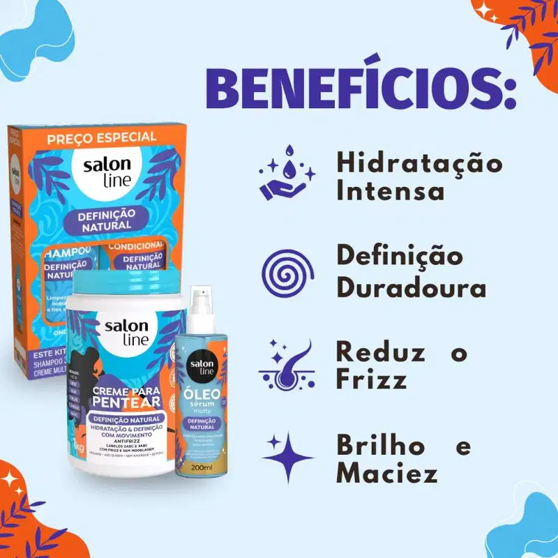 Kit Salon Line Definição Natural: Shampoo, Creme Multifuncional 300ml, Creme Para Pentear 1kg e Óleo Sérum Capilar 200ml