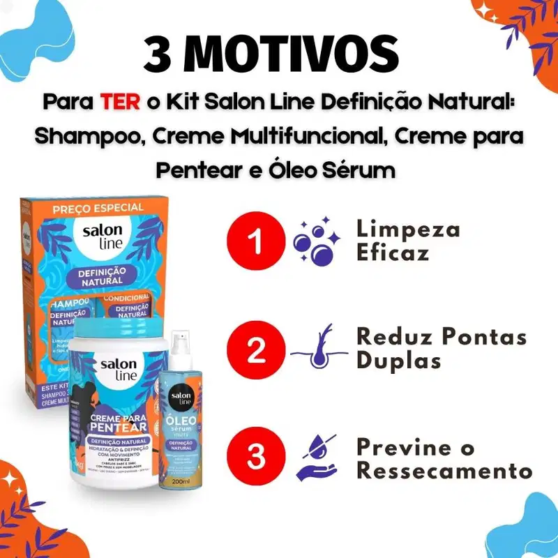 Kit Salon Line Definição Natural: Shampoo, Creme Multifuncional 300ml, Creme Para Pentear 1kg e Óleo Sérum Capilar 200ml