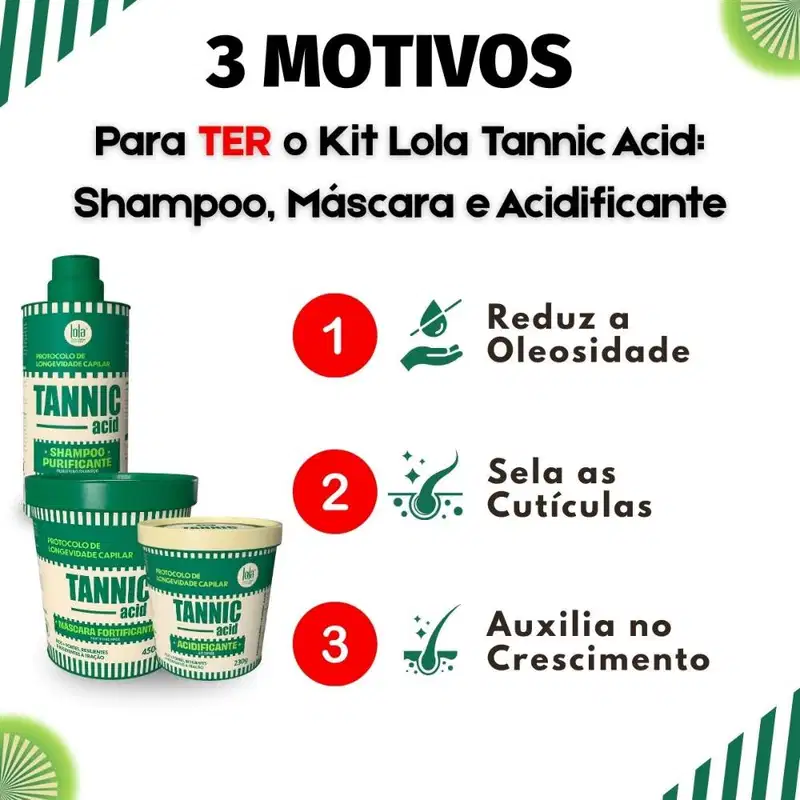 Kit Lola Tannic Acid: Shampoo 250ml, Máscara 450g e Acidificante 230g