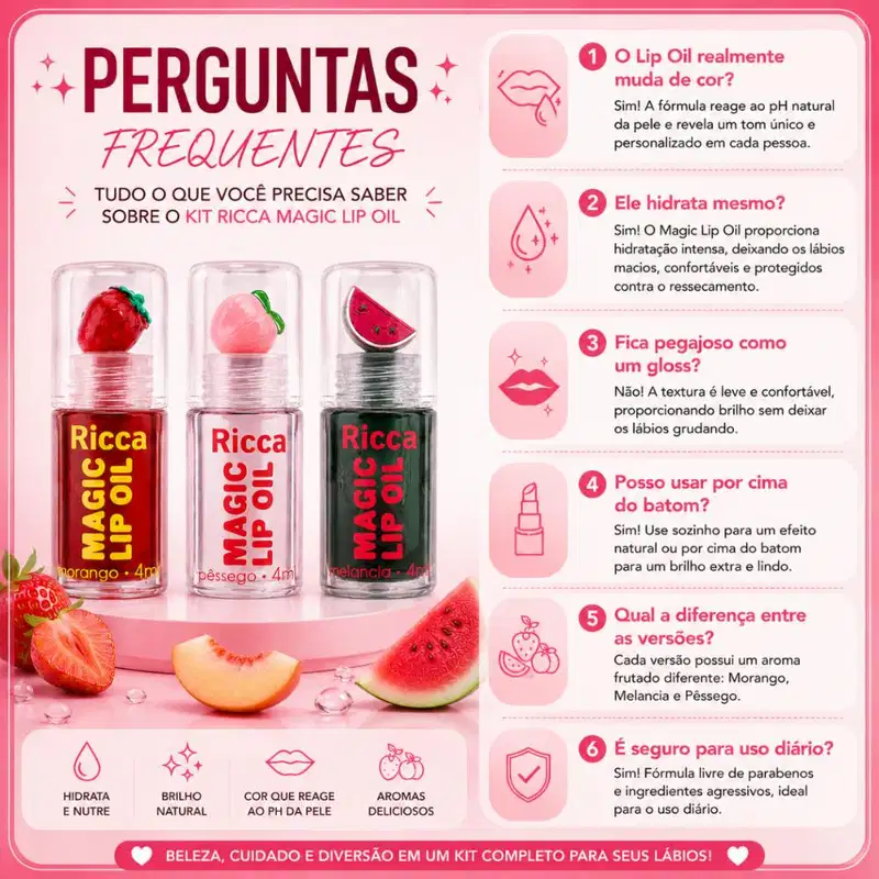 Kit Ricca Magic Lip Oil: Morango, Melancia e Pessego