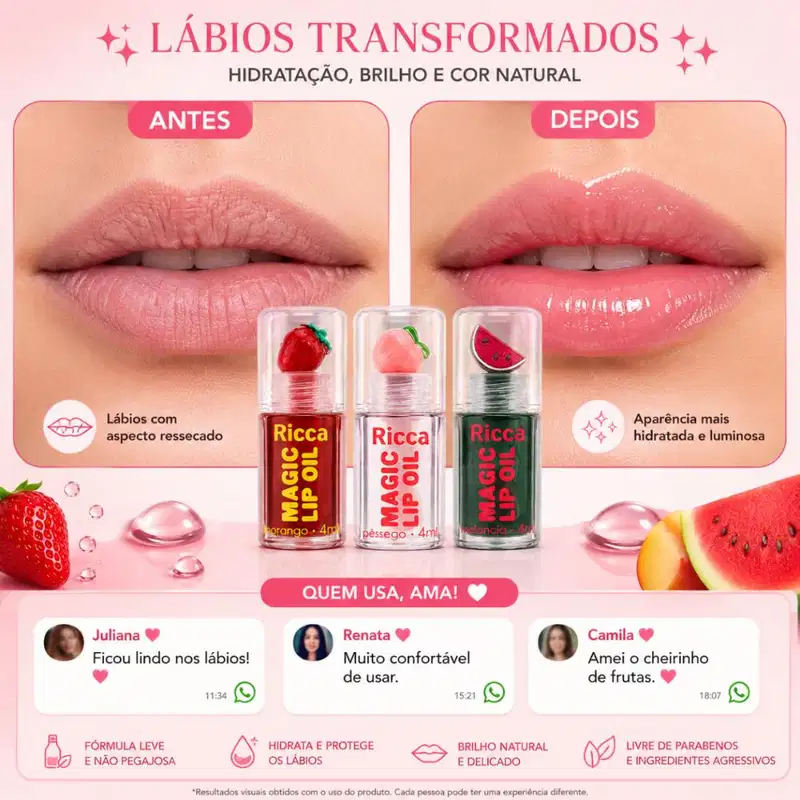 Kit Ricca Magic Lip Oil: Morango, Melancia e Pessego
