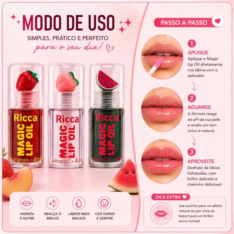 Kit Ricca Magic Lip Oil: Morango, Melancia e Pessego