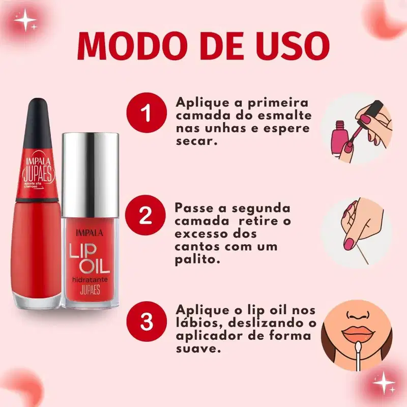 Kit Impala Ju Paes Virando O Jogo Aposta Alta: 1 Esmalte Cremoso e 1 Lip Oil Hidratante