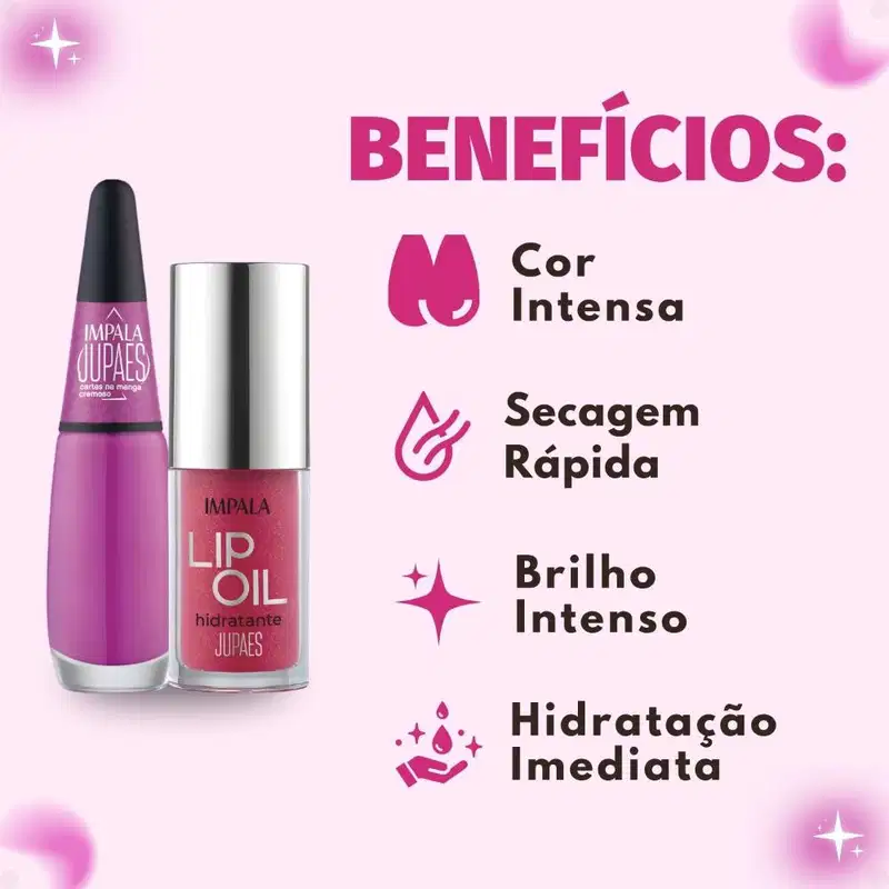 Kit Impala Ju Paes Virando O Jogo Cartas Na Manga: 1 Esmalte Cremoso e 1 Lip Oil Hidratante