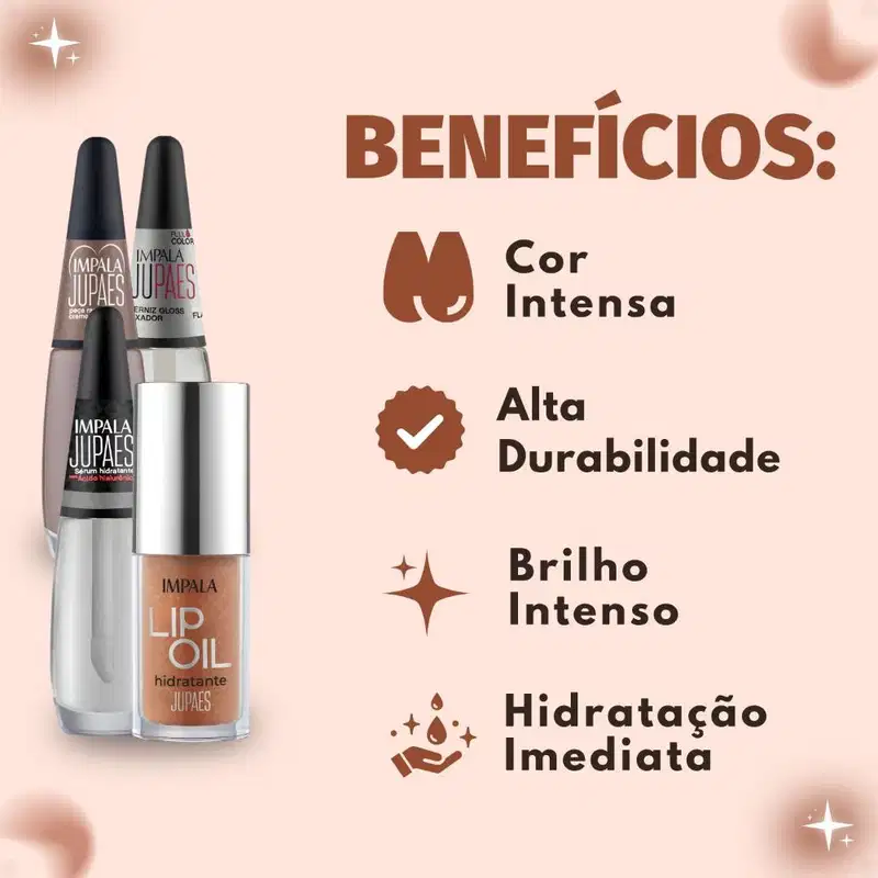 Kit Impala Ju Paes Virando O Jogo Peça Rara: Esmalte, Verniz Gloss, Sérum e Lip Oil